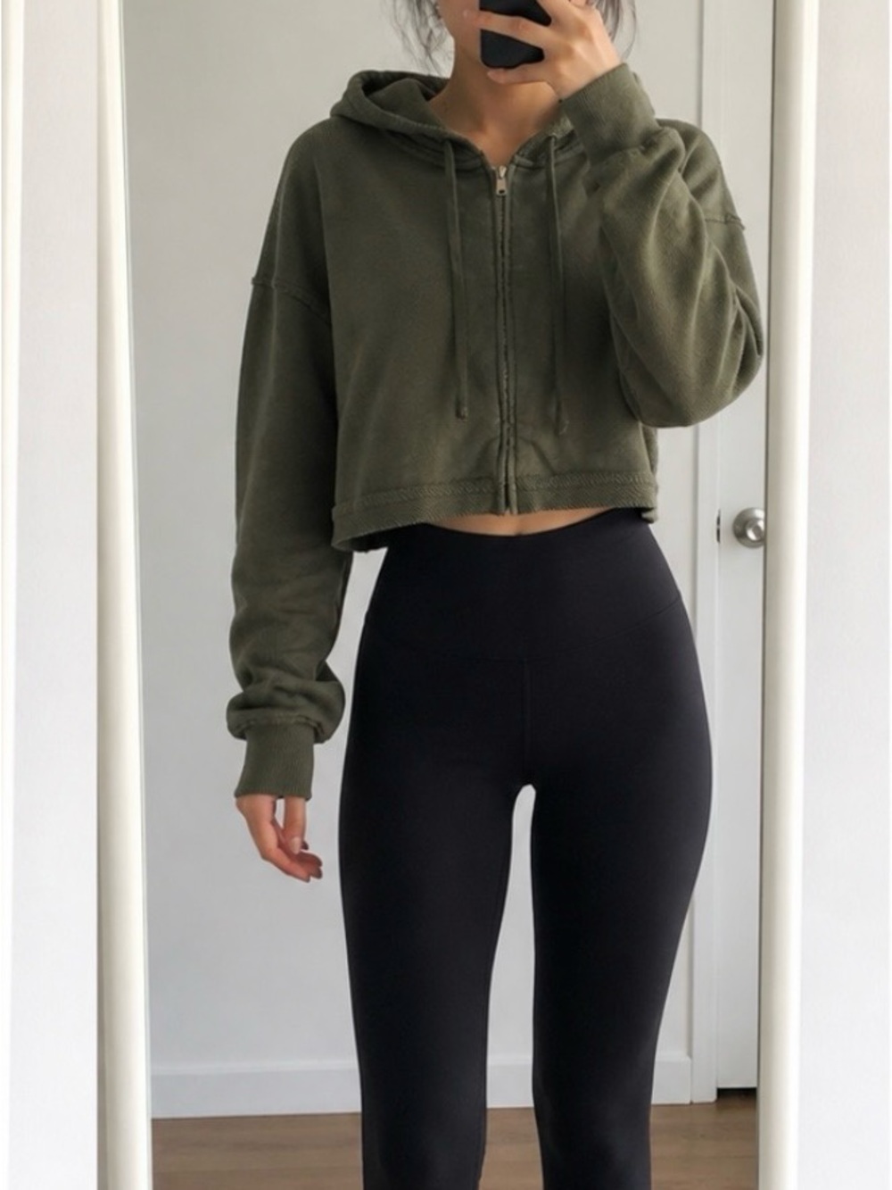 aerie Olive Green Cropped Zip Hoodie Sweater